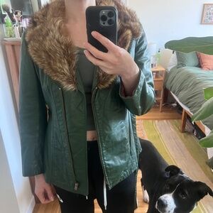 Vintage Green Leather Jacket with Real Fur